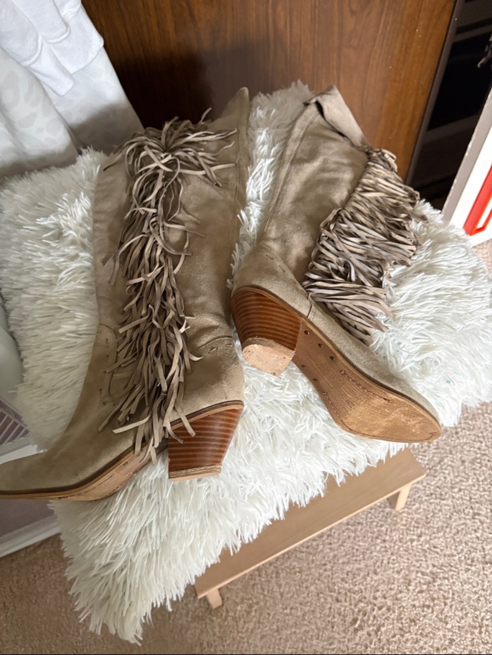 Sam Edelman Taupe Suede Knee-High Fringe Boots